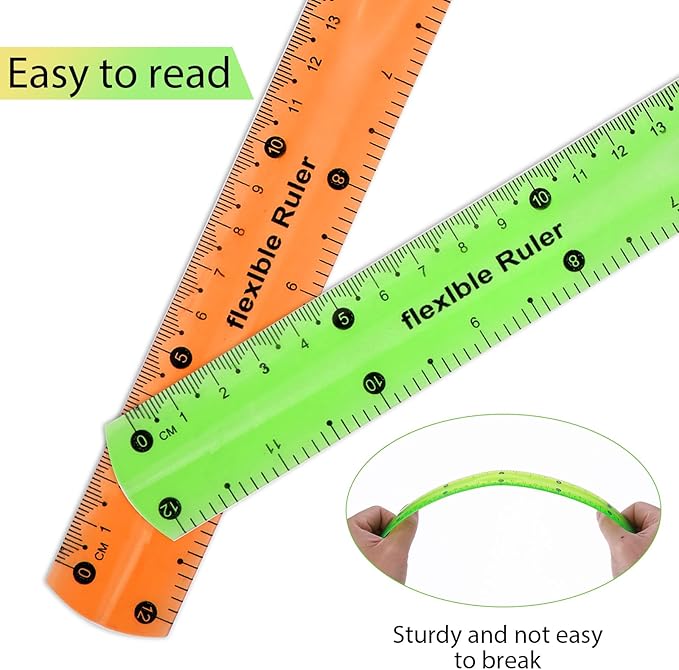 Grevosea 2 PCS Flexible Ruler Bendable Unbreakable Safe Soft Transparent Clear Shatterproof Clear Rulers Straight Flat Plastic Ruler for Home School Classroom Office Kids Adults (Red, Green)