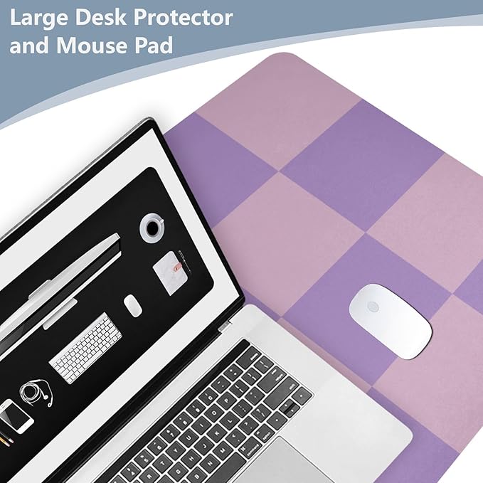 Mouse Pad Desk Mat Leather Desk Pad Large Gaming Desk Cover Protector Mat for Keyboard Computer Laptop Office Waterproof 47.2 x 23.6 Inch Checkered Purple