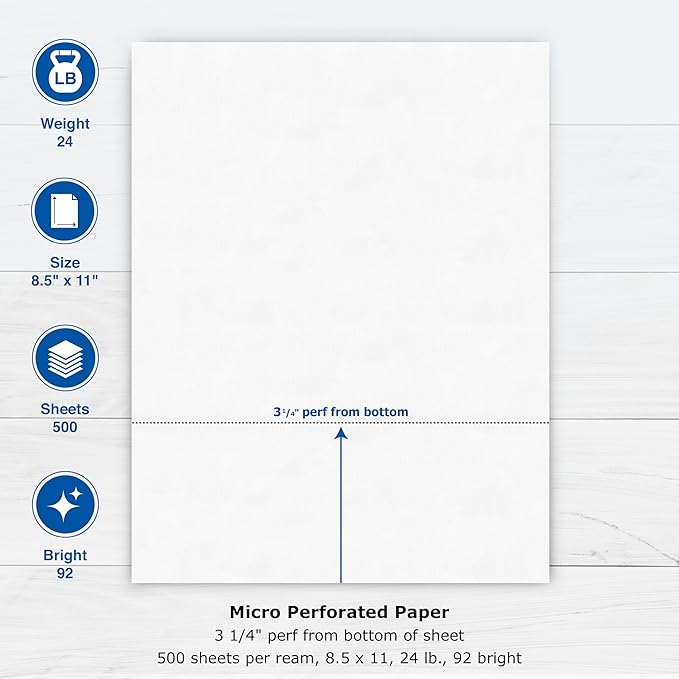 PrintWorks Professional 3 1/4" Horizontal Perforated Paper 8.5” x 11” - Perfect For W-2, 1099, & Statement Use - Made in the USA - 500 Sheets - 24 lb - Printer Compatible - White (04117)