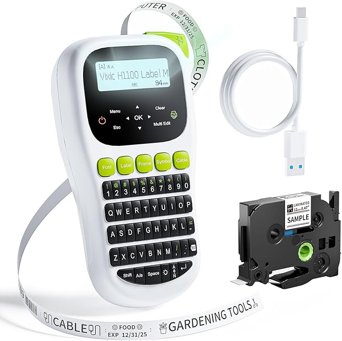 Vixic Label Maker Machine with-Tape, H1100 Handheld Label Maker Portable Labeler with Backlight Screen Keyboard for Home School Office Organization, Multiple Fonts Symbols Borders Easy to Use Inkless