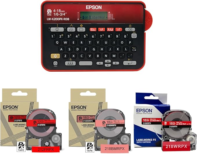 LABELWORKS Epson LW-K200PX Red Printer & Tapes Bundle - Label Maker and Red Label Tapes