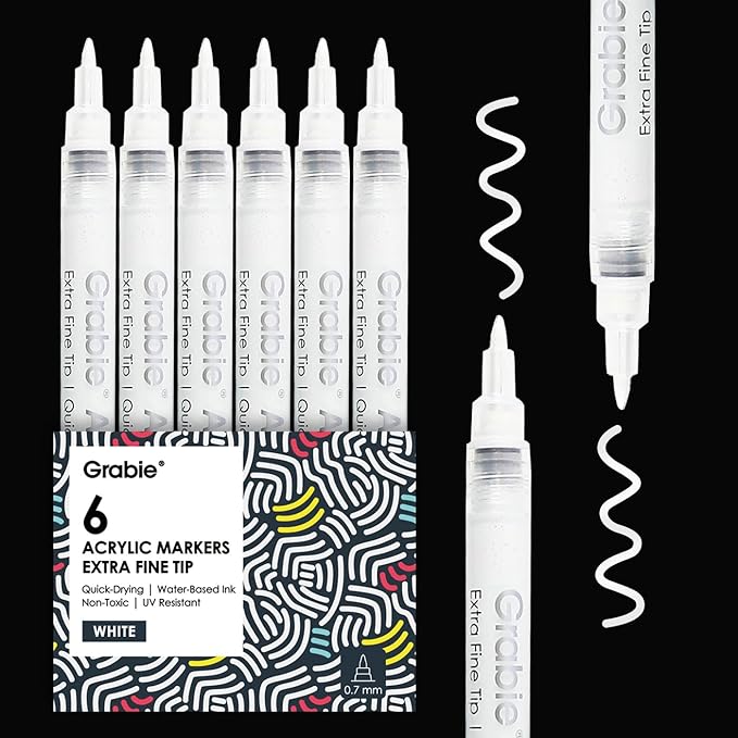 Grabie 6 White Extra Fine Tip Acrylic Paint Marker Set, 6 Pack, 0.7mm Acrylic Paint Pens for Highlights, Highlight Markers (6 White Acrylic Markers)