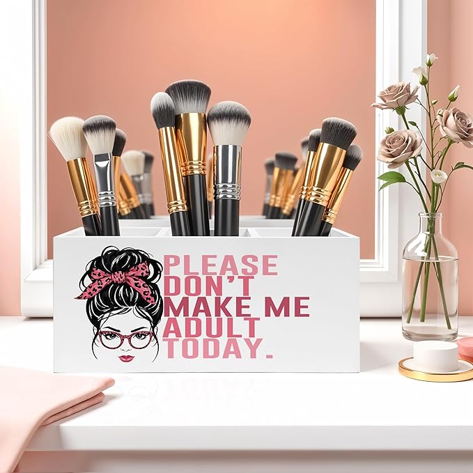 Funny Pencil Pen Holder for Desk, Funny Office Gifts for Women, Please Don't Make Me Adult Today Wooden Pencil Holder Organizer for Home Office Desk Accessories