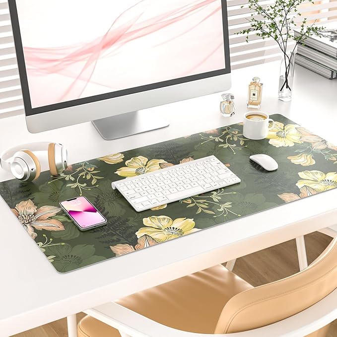 Colorful Star Large Mouse Pad, PU Leather Waterproof Desk Mat, Computer Gaming Mouse Pad, XXL Table Mousepad Non Slip Full Desk Pad for School Office Home 31.5" x 15.7" - Vintage Bold Flowers