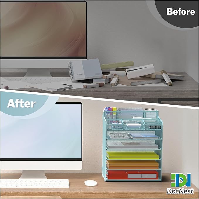 Docnest 6 Tier Mesh Desk Organizer for Paper Office Supplies – Multi-Functional Letter Tray with 5 Adjustable Compartments, 3 Pen Holders, Desktop Storage for Files, Mail, Stationery – Blue