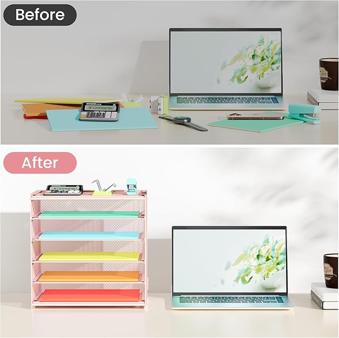 6 Tier Paper Organizer, Metal Mesh Desk File Folder, Letter Tray Organizer, Paper Sorter Desk Organizers for Office, Home or School File Folder Holder - Pink