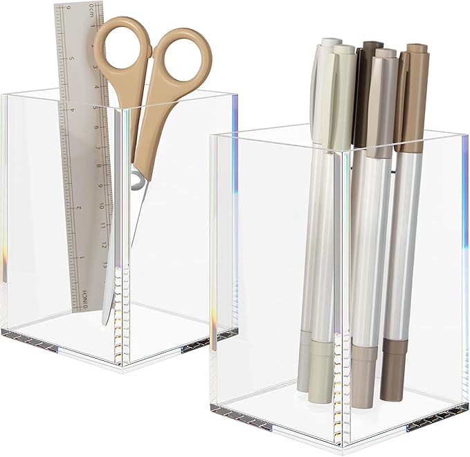 NIUBEE Acrylic Pen Holder 2 Pack,Clear Desktop Pencil Cup Stationery Organizer for Office Desk Accessory