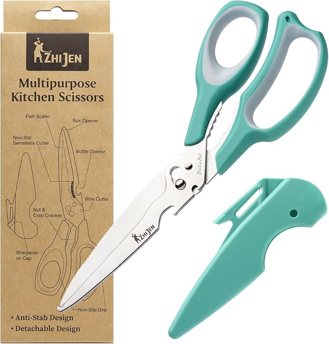 All Purpose Kitchen Scissors for Food and Heavy-Duty, Stainless Steel Cooking Shears for Chicken, Poultry, Meat, Herbs, Fish, Bones, Multi-Purpose Cooking Accessories with Cap and Sharpener