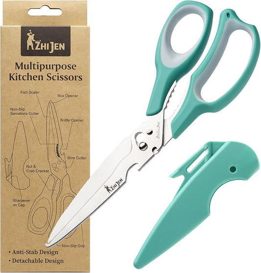 All Purpose Kitchen Scissors for Food and Heavy-Duty, Stainless Steel Cooking Shears for Chicken, Poultry, Meat, Herbs, Fish, Bones, Multi-Purpose Cooking Accessories with Cap and Sharpener