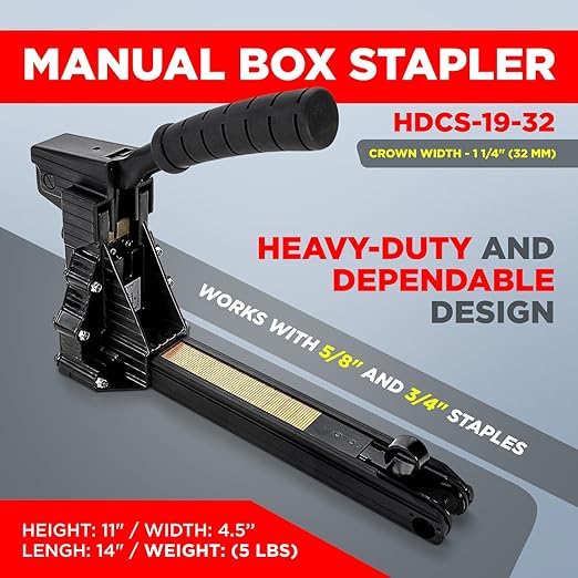 IDL Packaging HDCS-19-32 Heavy-Duty Manual Box Stapler for 1 1/4" (32 mm) Crown Staples - 3 Adjustable Depth Positions - Industrial Cardboard Stapler for Boxes and Carton Closing