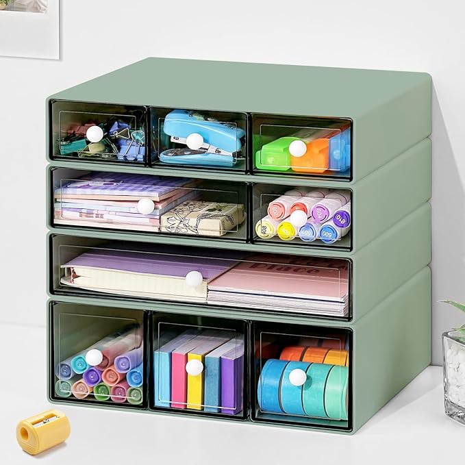 Desk Organizer with 9 Drawers, 4 Tier Plastic Stackable Storage Drawers for Desk Storage, Office Stationary Makeup Organizer Suit for Home, Office and School