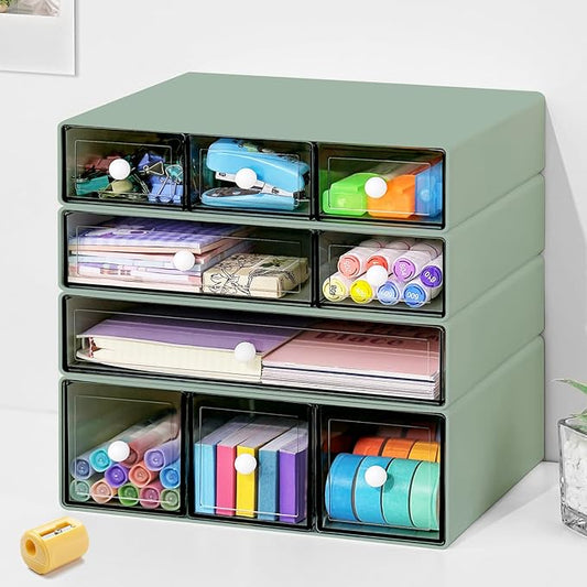 Desk Organizer with 9 Drawers, 4 Tier Plastic Stackable Storage Drawers for Desk Storage, Office Stationary Makeup Organizer Suit for Home, Office and School