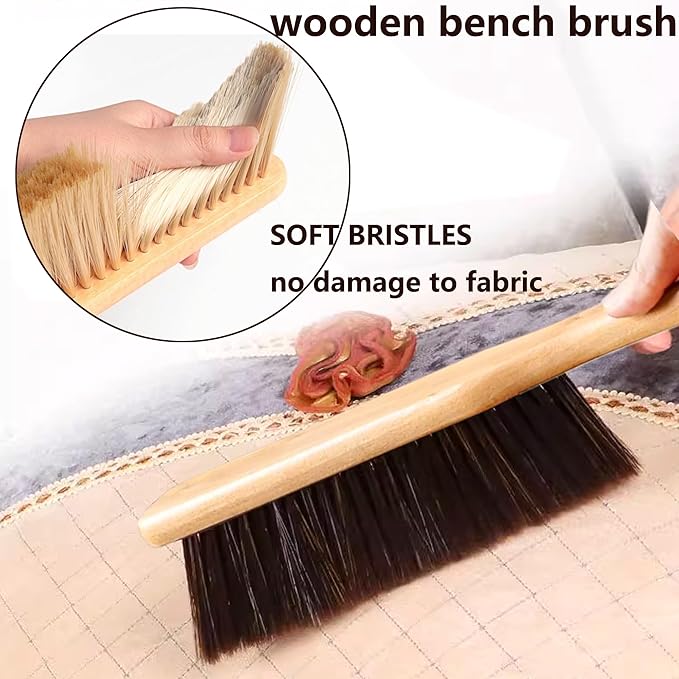 2 Pieces Woooden Dust Brush Hand Broom Bench Brush with Long Wood Handle Whisk Broom Soft Bristle Brush for Counter Bed Sofa Car Fireplace Clothes Household Cleaning (Beige)