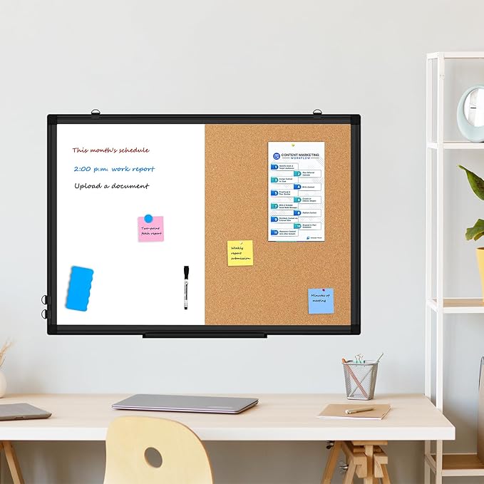 [24" x 18"] WALGLASS Dry Erase and Bulletin Boards Combo, Magnetic White Board Cork Board for Wall, Whiteboard & Corkboard Combination with Aluminum Frame, for Home, Classroom, Office