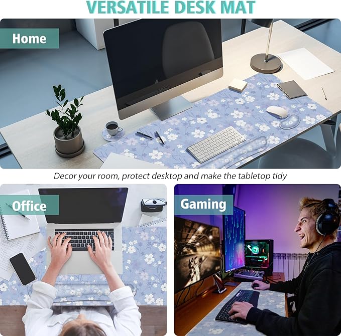 Large Mouse pad,4 in 1 Extended Keyboard Desk Mat with Wrist Rest,Non-Slip Desk Pad Protector Easy Typing Pain Relief for Home Office (Light Purple Flower)