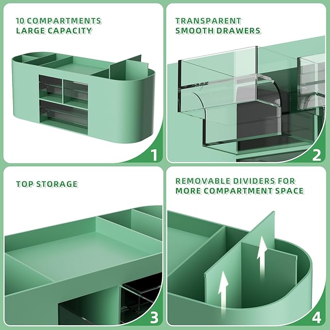 Marbrasse Desk Organizer Pen Holder for Desk with 3 Drawers, Multi-Functional Pencil Holder, Desk Organizers and Accessories with 7 Compartments for Home, School, Classroom(Green)