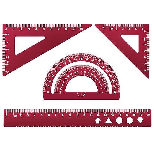 MSDADA Triangle Ruler and Protractor Set, 4 Pieces Aluminum Alloy Ruler Kit, Geometric Protractor for Student, School, Home, Office (Red, 20cm/7.87inch)