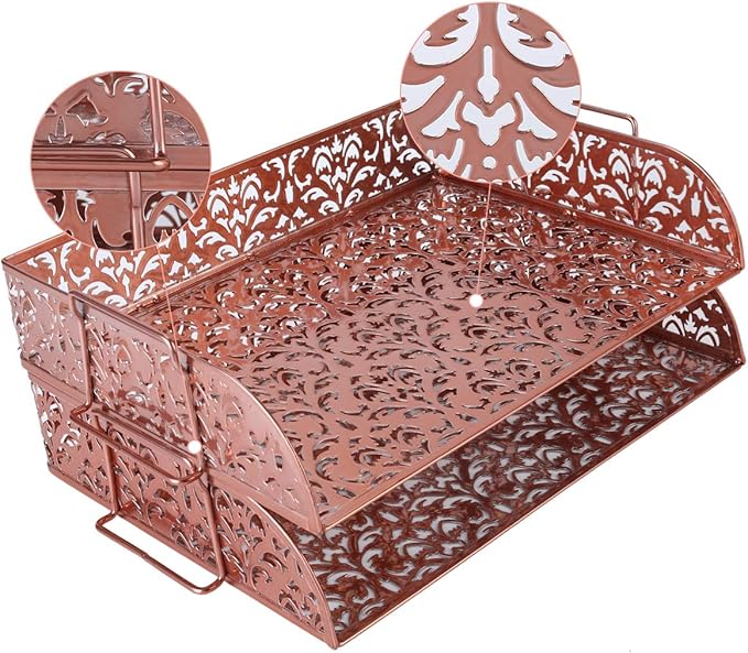 EasyPAG Paper Organizer for Desk 2 Tier Stackable Paper Tray for A4 Legal Size Folders Metal File Storage Desktop Organizer for Home Office School Teacher, Pink