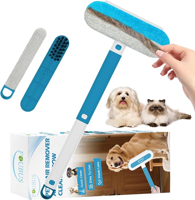 Multifunctional Pet Hair Remover tool, 4 in 1-Reusable Washable Long Handle Dog&Cat Fur Hair Remover for Furniture,Carpet,Couch,Clothes,Bedding,Car,Window,Better than Lint Rollers, with 2 Scrapers