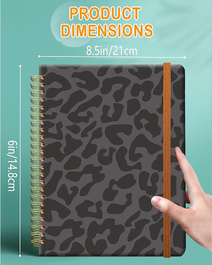 Ruled Spiral Writing Notebook,A5 Hardcover Lined College Journal for Women,Strong Twin-Wire Binding with Premium Paper,8.4" X 6",Perfect for School,Office,Home(Black Leopard)