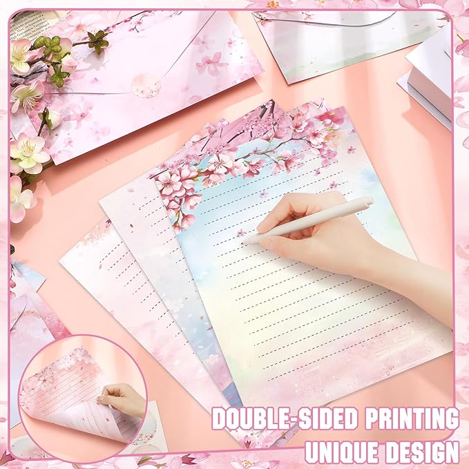 TaoBary 160 Pcs Stationery Paper Set 50 Double Sided Stationery Papers with 50 Matching Envelopes and 60 Round Dot Sticker, 10 Design(Cherry Blossom,8.5 x 11 Inch)