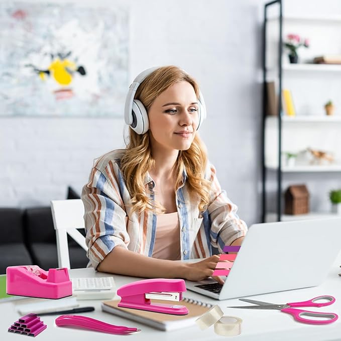 Hot Pink Desk Accessories Set - Stapler and Tape Dispenser Kit, Office Supplies Gift for Students, Women, Coworkers, Boss Lady, Office Clerks