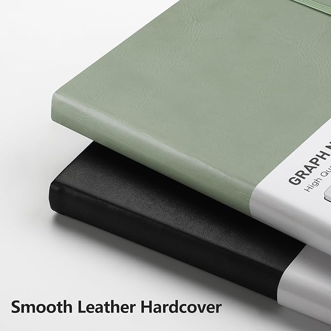 RETTACY Graph Grid Paper Notebook, 192 Pages, A5 Medium Size (5.7'' x 8.3''), 5 Squares per Inch, Leather Hardcover, 100 GSM Thick Paper, for School, Students, Math, Engineering (Sage Green)