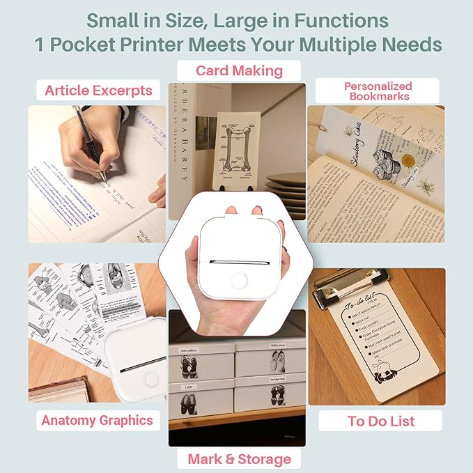 Memoking Mini Portable Printer - T02 Inkless Pocket Thermal Sticker Maker Mini Sticker Printer Mobile Label Maker for Student, Gift, White (Bunny Case Not Included)