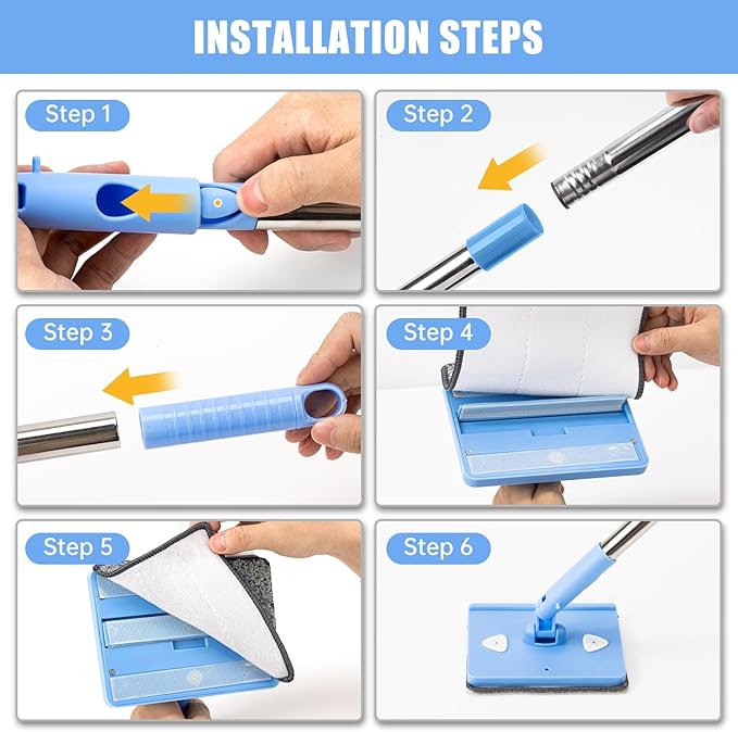 CALBEAU Wall Cleaner Mop with Long Handle 86 Inches, 4-in-1 Ceiling Cleaning Tool Duster with 8 Replacement Microfiber Chenille Pads for Walls, Baseboard, Ceiling, Window, Floor, Cabinet (Light Blue)