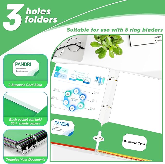 Two Pocket Portfolio Folders, PANDRI 60 Pack 3 Hole Punched 2 Pocket Folders for 3 Ring Binder, Letter Size Paper File Folder for School Office Home Business, Green