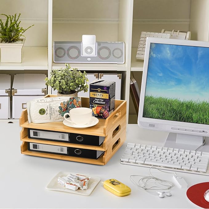 Okllen 3 Pack Stackable Paper Trays, Bamboo Desk Letter Tray Set, 3 Tier File Document Organizer Tray for A4 Paper, Magazine, Receipts, Office Supplies