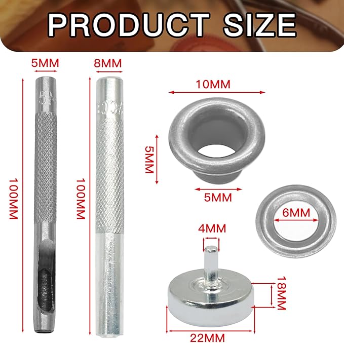 Litoexpe 5MM Grommets Eyelets 600 Pcs, Eyelet Hole Punch Die Tool (Includes Base & Ram), 12 Colors Self Backing Eyelets Kit for Leather Craft Clothing Handbag Fabric Curtain DIY