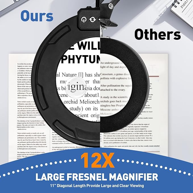 HITTI Ultra Long 12X & 30X Magnifying Glass with Light and Clamp, 5 Color Modes Steepless Dimming Desk Lamp, Swivel Arm Workbench Light, Hands Free Lighted Magnifier Stand for Craft Reading Hobby