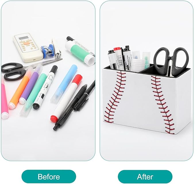 Pen Holder, Pencil Holder for Desk Organizer, Baseball Lace Sport Ball PU Leather Pencil Cups Desktop Stationery Storage Makeup Brush Holder Pen Organizer for Office Home