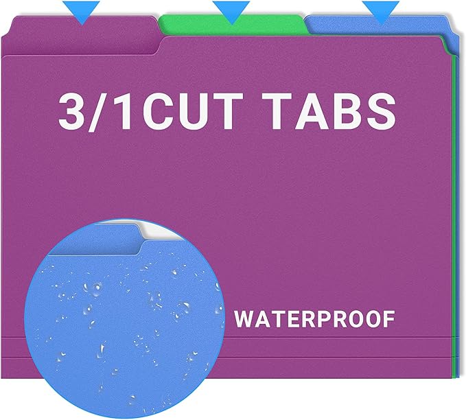 24 Pack Colored Plastic Manila File Folder,3 Tab Multi-Color Heavy Duty Files Folder with 1/3-Cut Tabs,Letter Size,Assorted Colors Filing Folder,Cabinet Office Supplies Folders for Documents, 8.5 x 11