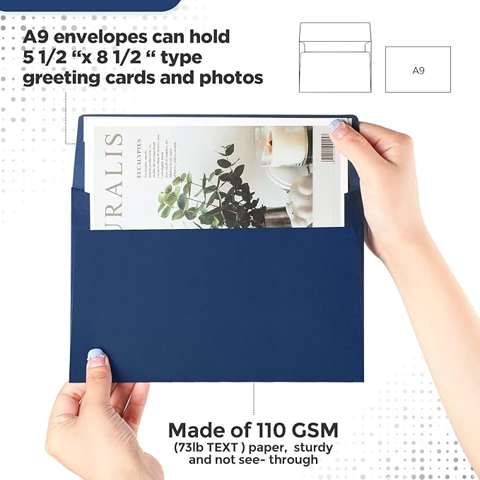 Harloon 100 Pcs A9 Envelopes 5.75 x 8.75 Inch Self Adhesive Wedding Invitation Envelopes Paper Greeting Card Envelopes for Photos Documents Letters Announcements Baby Shower Office (Navy Blue)