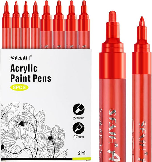 SFAIH Acrylic Red Paint Pens - 8 Pack 2-3MM Medium Tip & 0.7MM Extra Fine White Paint Marker for Rock Painting, Wood, Metal, Fabric, Canvas, Glass, Ceramic, Diy Crafts
