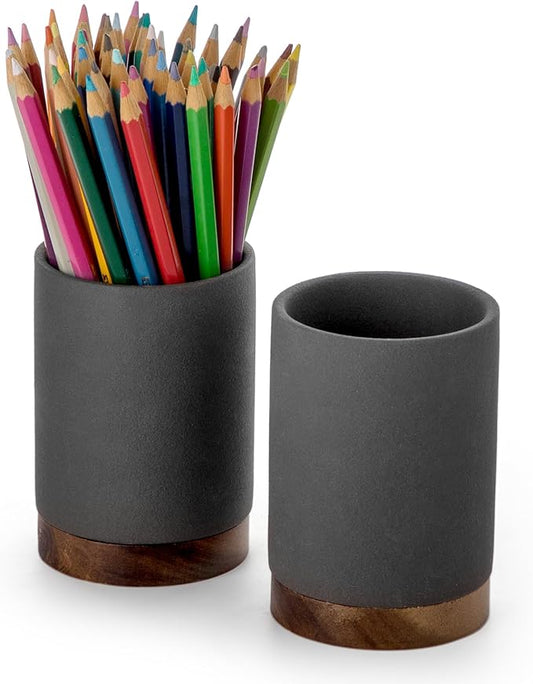 Pen Holder for Desk, Ceramic Pencil Organizer & Makeup Brush Holder, Office Decor and Desk Accessories，Perfect Office Organization,Teacher Supplies (Dark Grey, Set / 2)