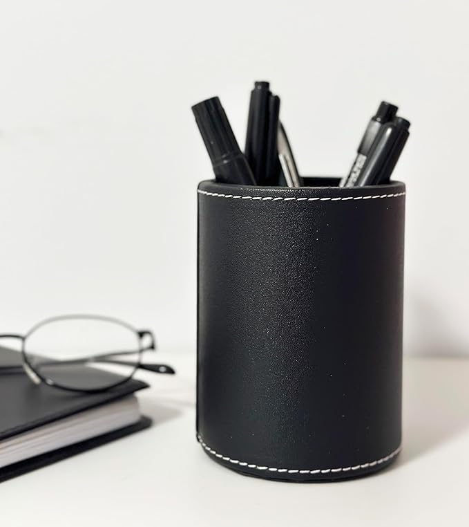 Round Pen Pencil Holder, PU Leather Pencil Cup, Desktop Stationery Organizer, Stand Desk Organizer, Office Accessories Container (Black)