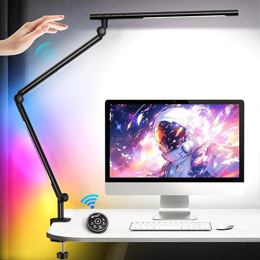 Pak LED Desk Lamp with Clamp, 18W Dual Light Architect Desk Light, Adjustable Swing Arm RGB Light Sensor Switch, Eye-Caring 4 Modes Stepless Dimming Table Lamp for Home Office Reading Study Gaming