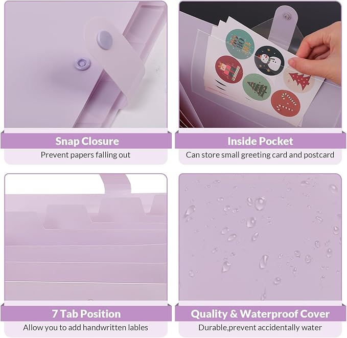 SKYDUE Expanding File Folder, Accordion File Organizer with 8 Pocket & Inner Card Pocket, Expandable Document Paper Receipt Holder for School Office Hospital, Letter/A4 Size Purple