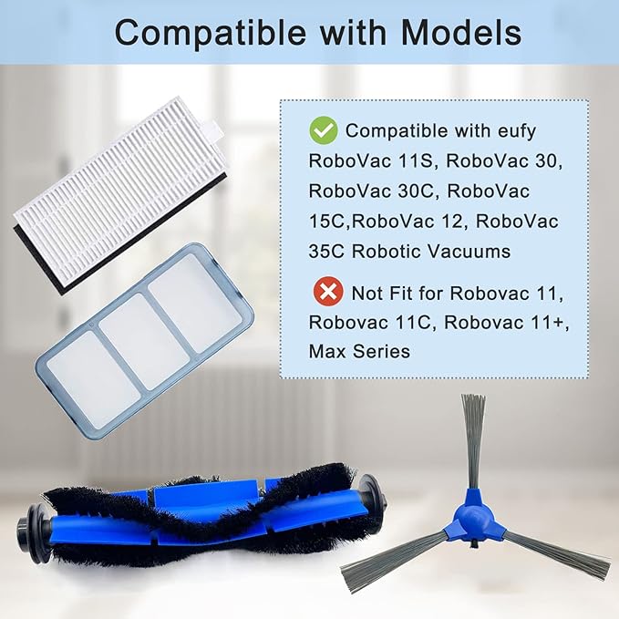 Tivcroxs 28 Pack Replacement Part Compatible for Eufy RoboVac 11S, 15C, 30, 30C, 12, 35C, 25C, 15T Robotic Vacuums, 2 Rolling Brushes, 12 Filter Sets, 12 Side Brushes, 2 Pre Filters