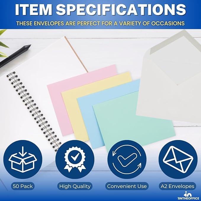 1InTheOffice A2 Envelopes, Colored Envelopes, Invitation Envelope Quarter Fold, 4 3/8" x 5 3/4", 50/Box