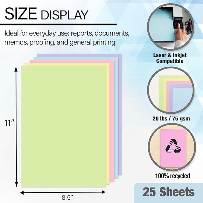 BAZIC Blank Paper Copy & Multipurpose Paper 8.5" x 11" – 25 Sheets Pastel Color Printer Paper for Inkjet, Laser, and Fax Machines – Printing Paper for Office, School, and Crafts, 1-Pack