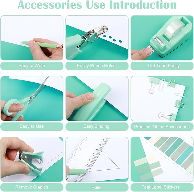 13 in 1 Green Office Supplies, Teal Desk Accessories Teal Office Supplies and Tape Dispenser, Hole Punch, Staple Remover, Stapler, 1000 Staple, Clip, Ruler, Scissor, Tab, Tape, Pen