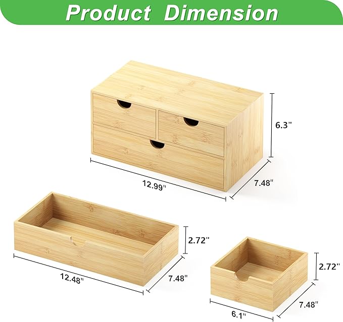 Bamboo Desk Organizer with Drawers - Small Desktop Countertop Mini Tabletop Storage Container - No Assembly Required