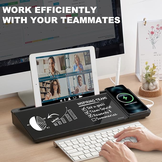 Small Glass Desktop Whiteboard Dry-Erase-Board - Computer Keyboard Stand with Wireless Charger White Board Surface Pad with Drawer, Desk Organizers with Accessories for Office, Home, School Supplies