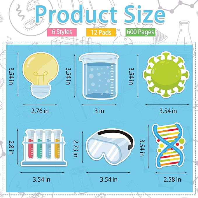 600 Pieces Science Sticky Notes, Self Stick Science Lab Notepads Funny Test Tube Light Bulb Microscopes Science Memo Pad for Teachers Students Science Week Party Favor School Supplies