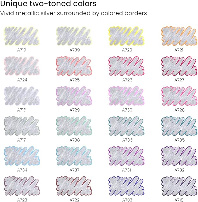 Arteza Double Outline Markers, 24 Colors, Silver Alcohol Markers, Create Metallic Lines with Vivid Color Outlines, Work on Cards, Paper, and Canvas