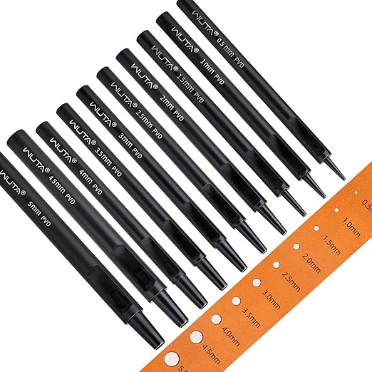 WUTA 10pcs Leather Punches Round Hole Puncher Plating Titanium Hollow Punching Tool Working for Watch Band, Fabric, Plastic (0.5+1+1.5+2+2.5+3+3.5+4+4.5+5mm)
